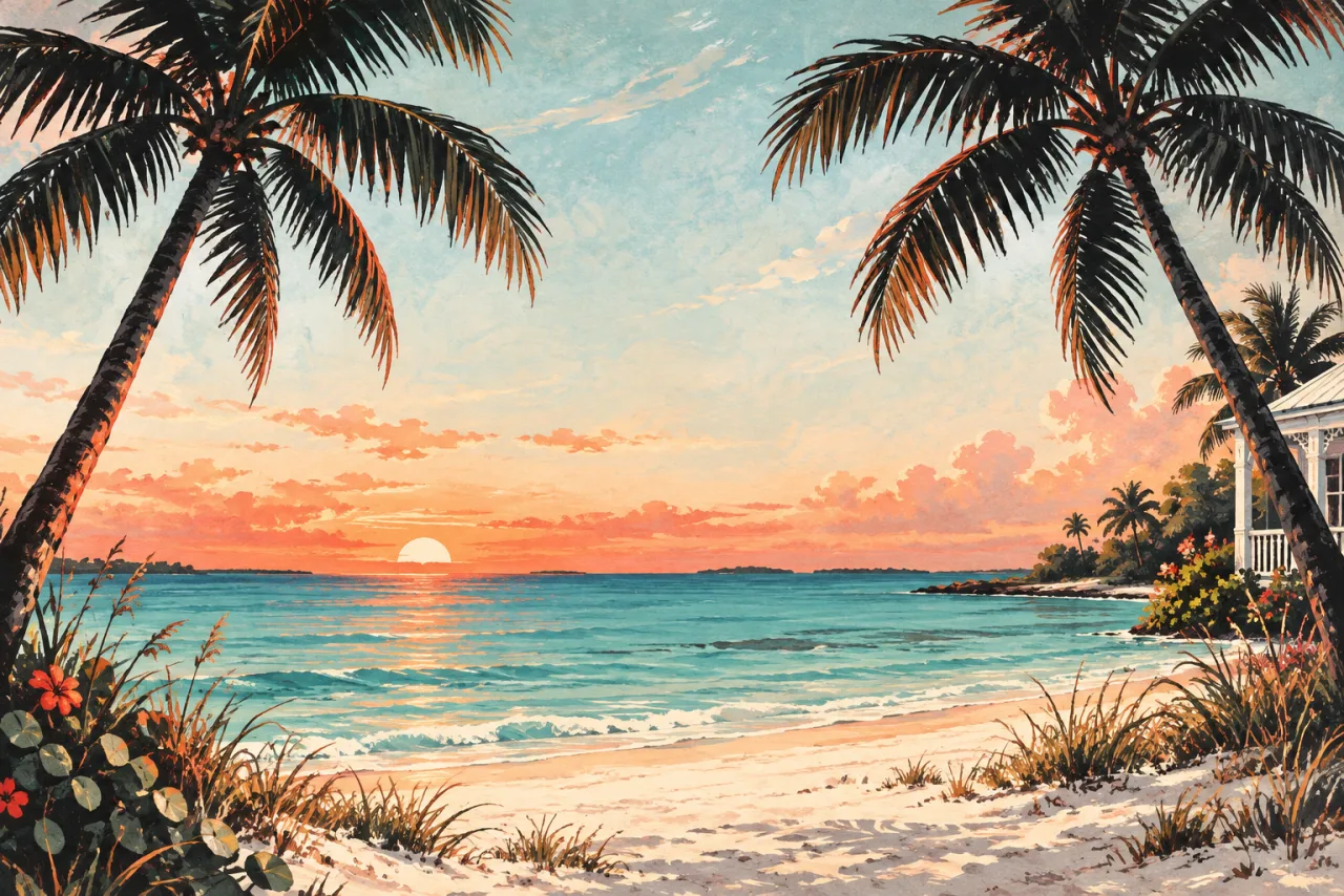 Key West-inspired illustration of palm trees, a sandy shoreline and turquoise water at sunset