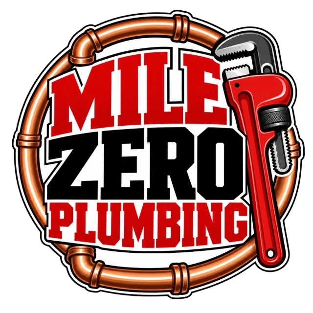 Mile Zero Plumbing logo with a copper pipe border and red pipe wrench